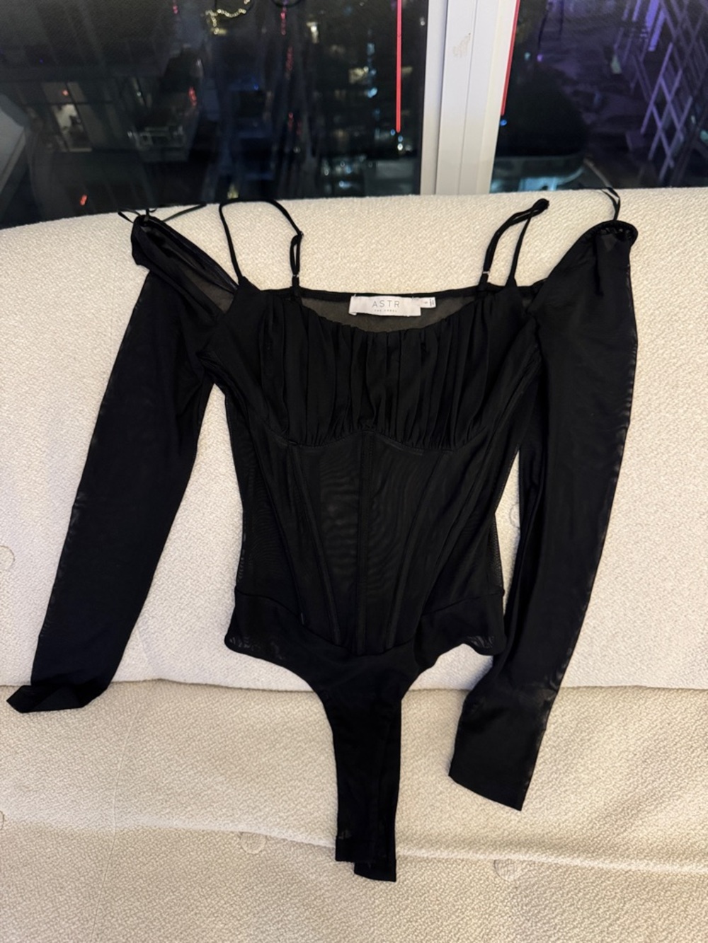 Astr Black Off-Shoulder Corset Bodysuit with Spaghetti Straps
